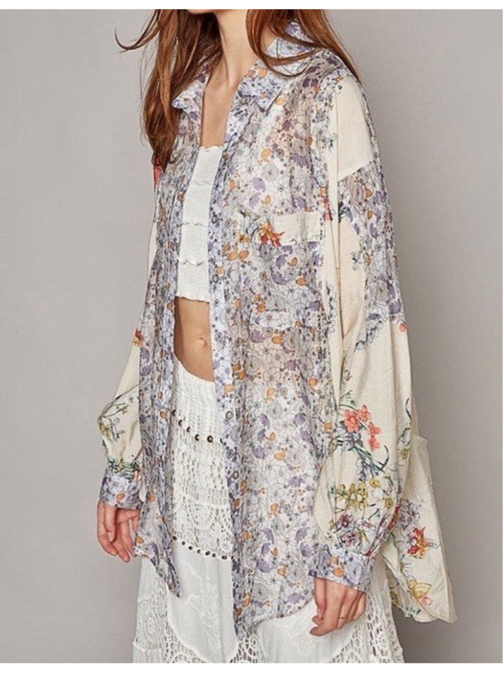 POL Floral Button Down Blouse M/L Boho Patchwork Shirt Lightweight Sheer Hi-Low - Picture 3 of 8